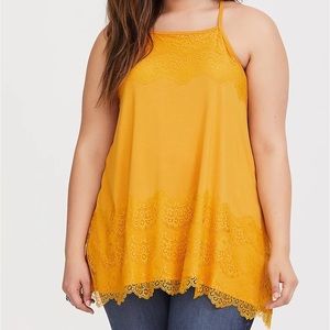 Yellow/gold long tank top with lace detail